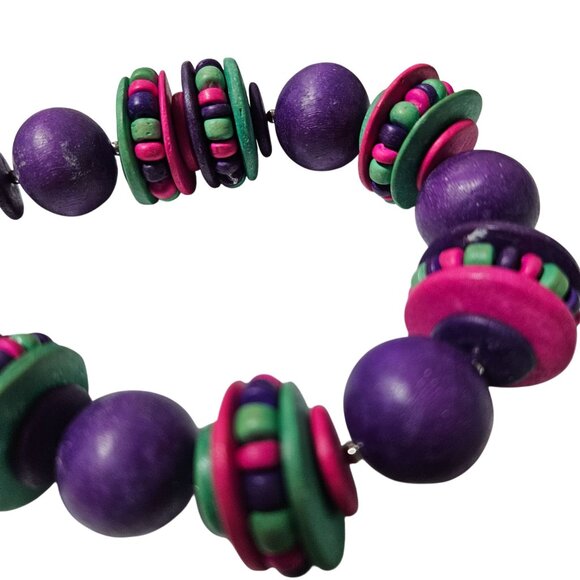 Handcrafted Wooden Beaded Necklace Purple Pink Colorful Accents Fashion Jewelry - Picture 3 of 5